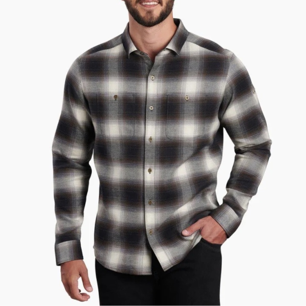 KUHL PLAID  FLANNEL  Neutral Work Shirt Outdoor  FRONT PATCH POCKETS MENS XL